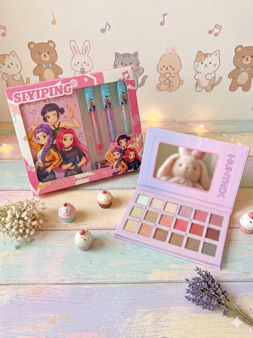 HUNTRIX Pink Pastel Eyeshadow Palette + Lip Gloss Set